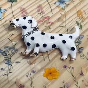 Whimsical White and Black Spotted Dog Brooch - #211